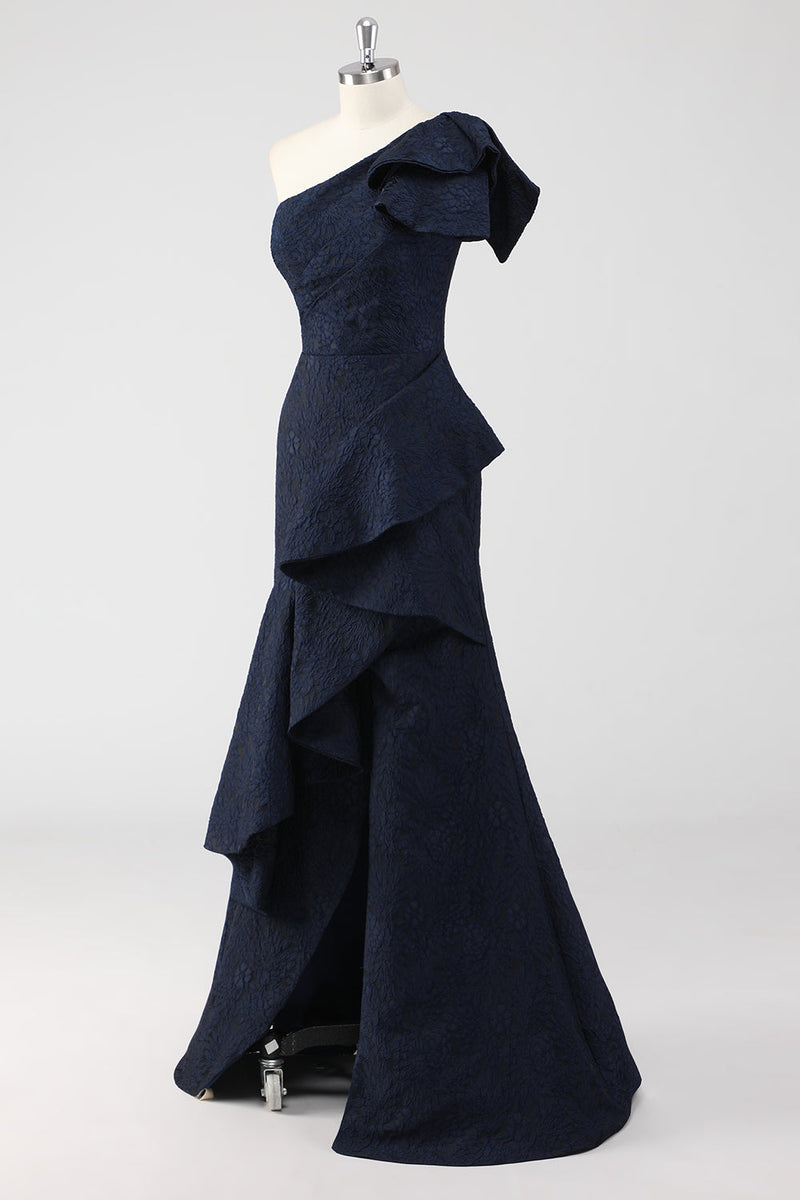 Load image into Gallery viewer, Navy One Shoulder Floral Mermaid Formal Dress with Ruffles