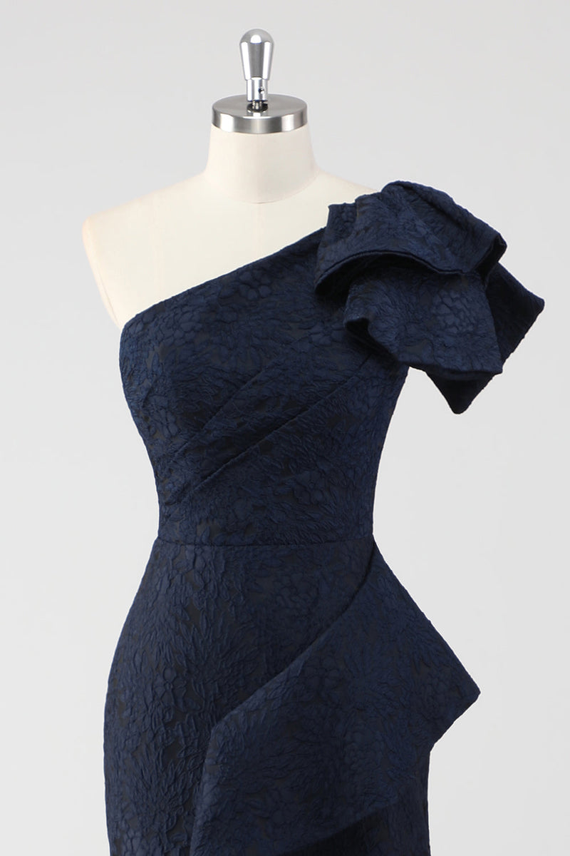 Load image into Gallery viewer, Navy One Shoulder Floral Mermaid Formal Dress with Ruffles