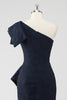 Load image into Gallery viewer, Navy One Shoulder Floral Mermaid Formal Dress with Ruffles