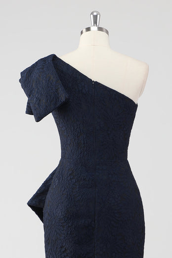 Navy One Shoulder Floral Mermaid Formal Dress with Ruffles
