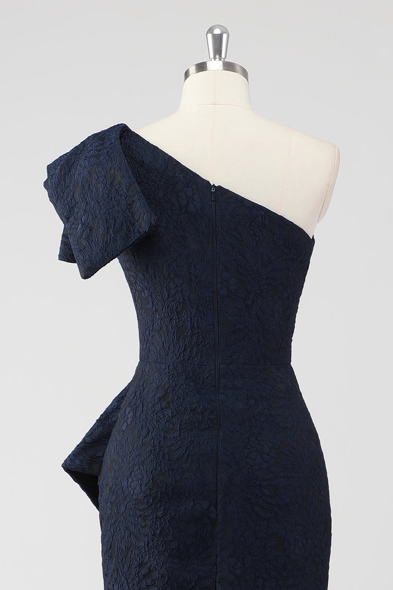 Load image into Gallery viewer, Navy One Shoulder Floral Mermaid Formal Dress with Ruffles