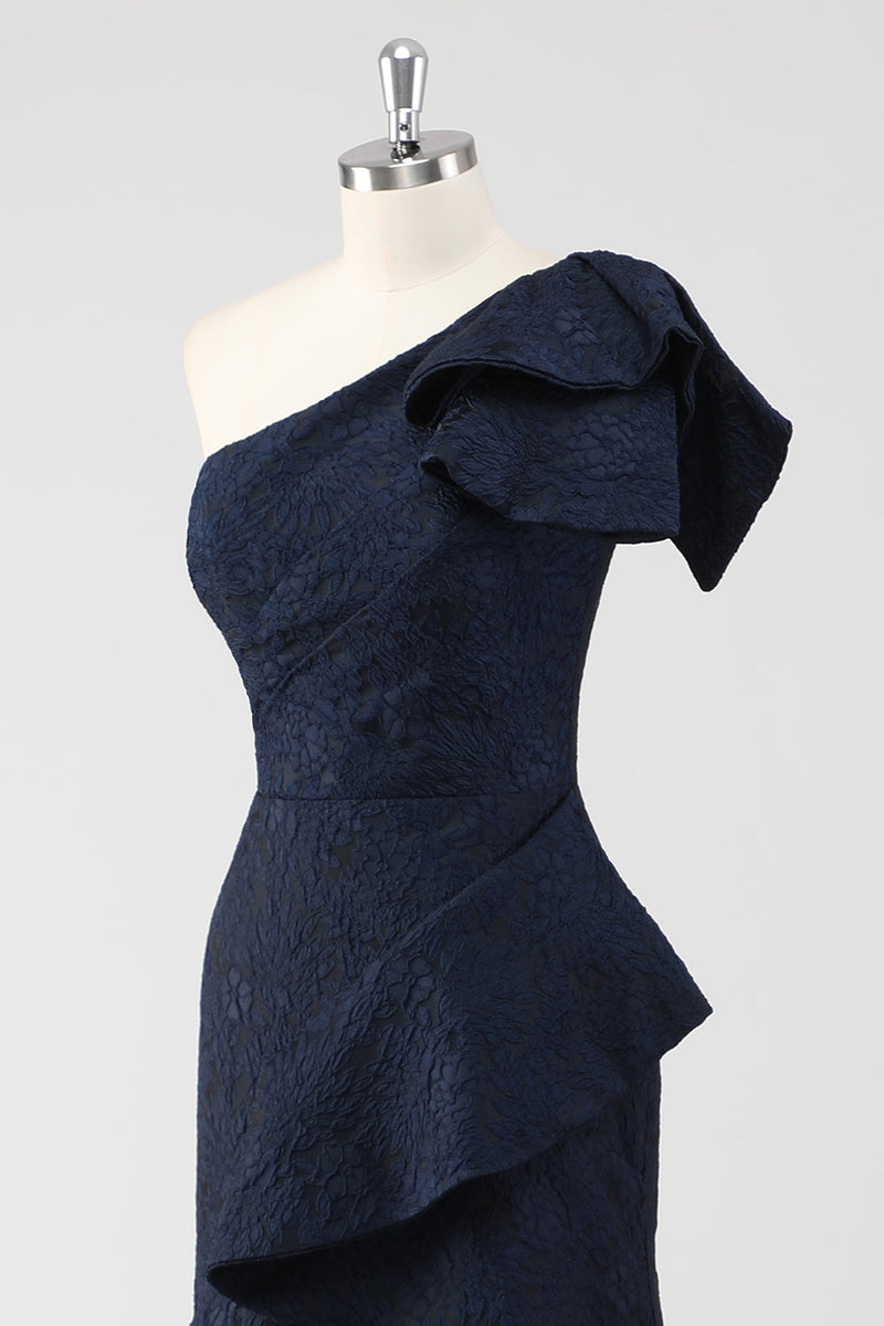 Load image into Gallery viewer, Navy One Shoulder Floral Mermaid Formal Dress with Ruffles