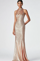 Load image into Gallery viewer, Sparkly Champagne Sequin High Neck Sheath Long Formal Dress