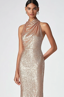 Load image into Gallery viewer, Sparkly Champagne Sequin High Neck Sheath Long Formal Dress