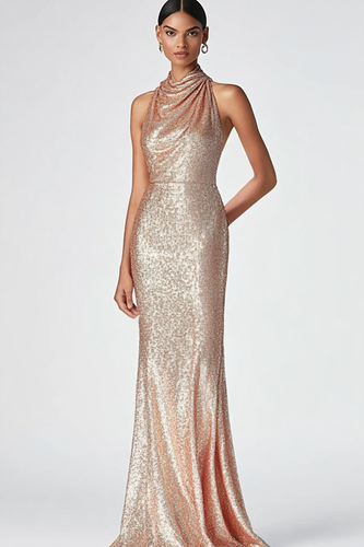 Sparkly Champagne Sequin High Neck Sheath Long Formal Dress