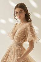 Load image into Gallery viewer, Apricot Tulle V-Neck A Line Long Formal Dress with Sleeves