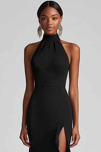 Black High Neck Sheath Long Formal Dress with Ruffles