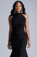 Load image into Gallery viewer, Black Sheath Halter Neck Ruffled Long Formal Dress with Slit