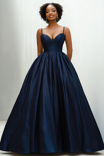 Glitter Navy Spaghetti Straps Princess Long Formal Dress