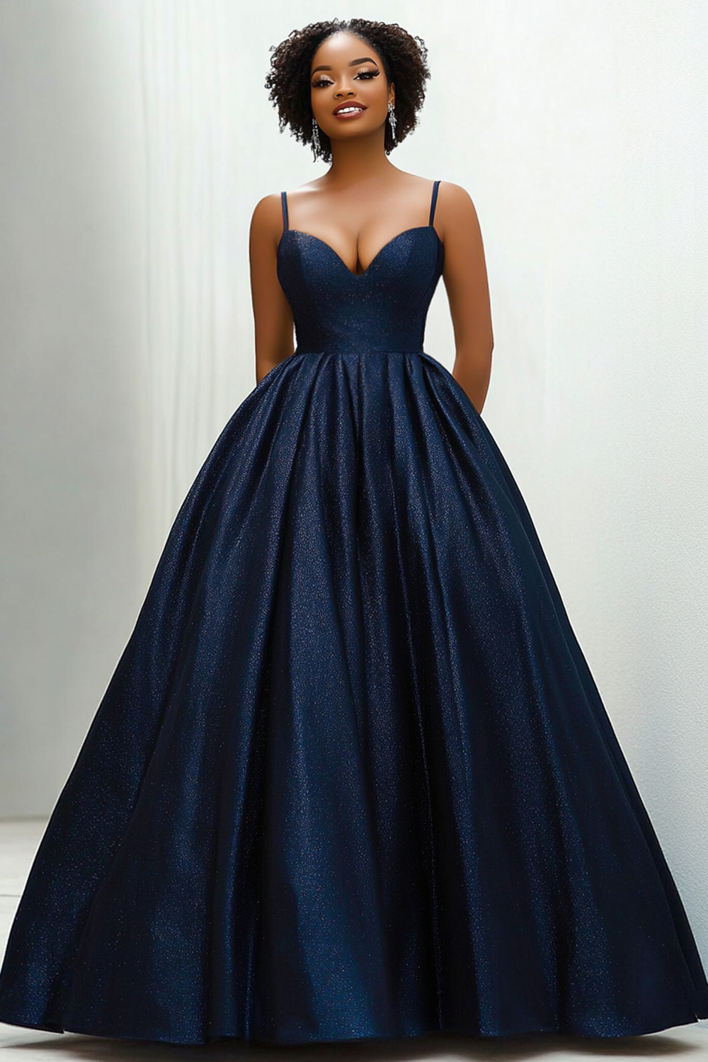 Glitter Navy Spaghetti Straps Princess Long Formal Dress