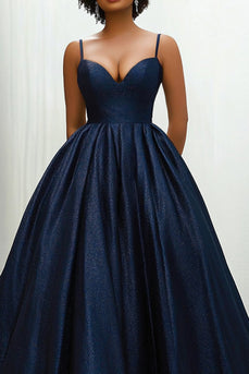 Glitter Navy Spaghetti Straps Princess Long Formal Dress