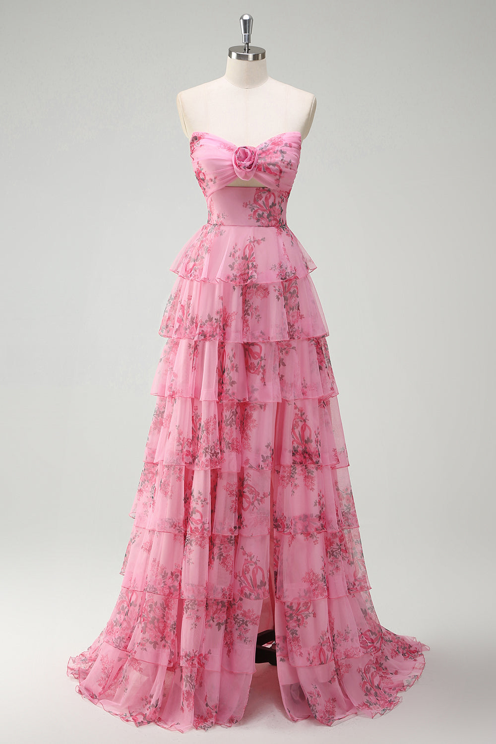 Blush Floral Princess Sweetheart Tiered Long Prom Dress