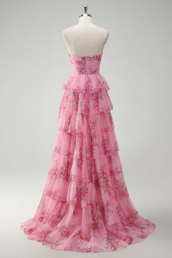 Blush Floral Princess Sweetheart Tiered Long Prom Dress