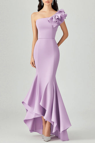 Lilac One Shoulder Mermaid Formal Dress with Ruffles