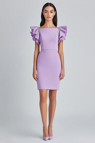 Lilac Bodycon Square Neck Satin Short Formal Dress with Cap Sleeves