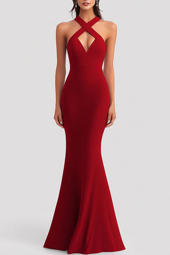 Red Mermaid Keyhole Satin Long Formal Dress