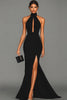Load image into Gallery viewer, Zapaka Women Black Formal Dress With Slit Mermaid Halter Neck With Hook Satin Formal Wear Dress