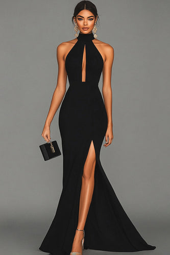 Zapaka Women Black Formal Dress With Slit Mermaid Halter Neck With Hook Satin Formal Wear Dress