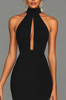 Load image into Gallery viewer, Black Halter Neck Satin Mermaid Formal Dress with Slit
