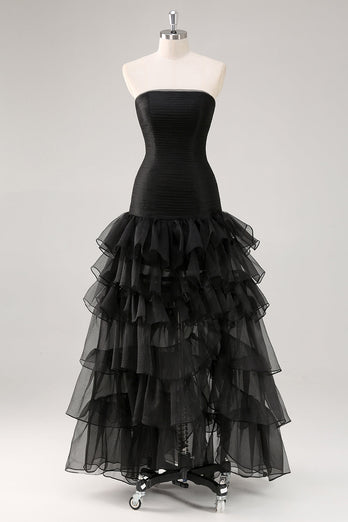 Black Strapless Tulle Tiered A-Line Formal Dress