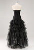 Load image into Gallery viewer, Black Strapless Tulle Tiered A-Line Formal Dress