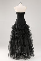 Load image into Gallery viewer, Black Strapless Tulle Tiered A-Line Formal Dress