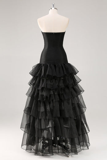 Black Strapless Tulle Tiered A-Line Formal Dress