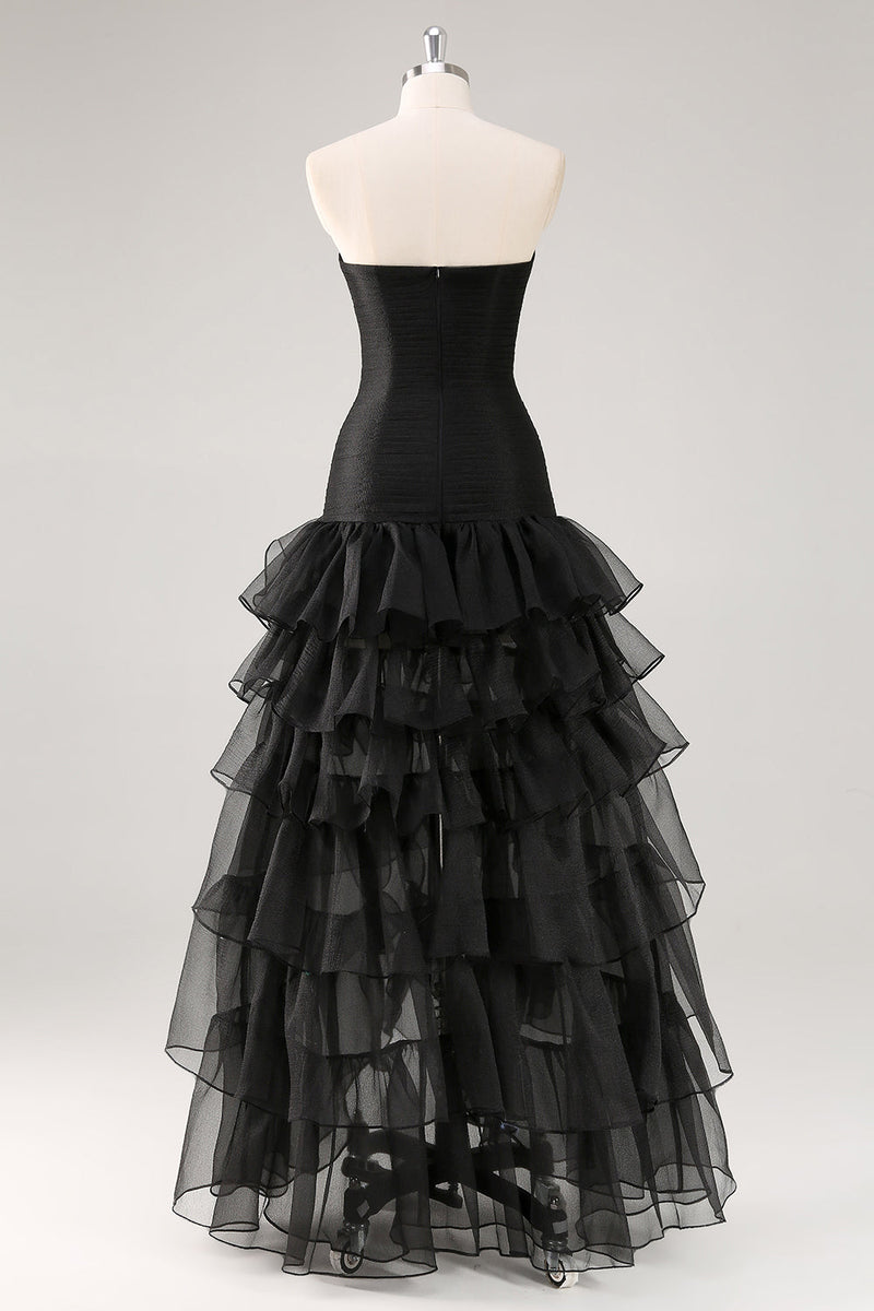 Load image into Gallery viewer, Black Strapless Tulle Tiered A-Line Formal Dress