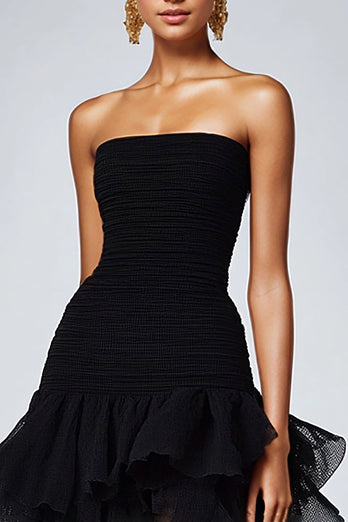Black Strapless Tulle Tiered A-Line Formal Dress