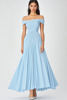 Load image into Gallery viewer, Sky Blue Off the Shoulder A Line Ruched Formal Dress