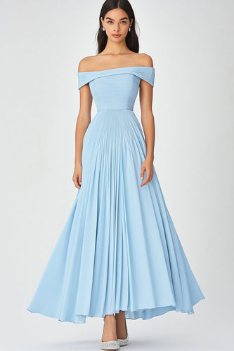 Sky Blue Off the Shoulder A Line Ruched Formal Dress