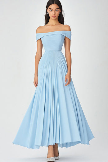 Sky Blue Off the Shoulder A Line Ruched Formal Dress