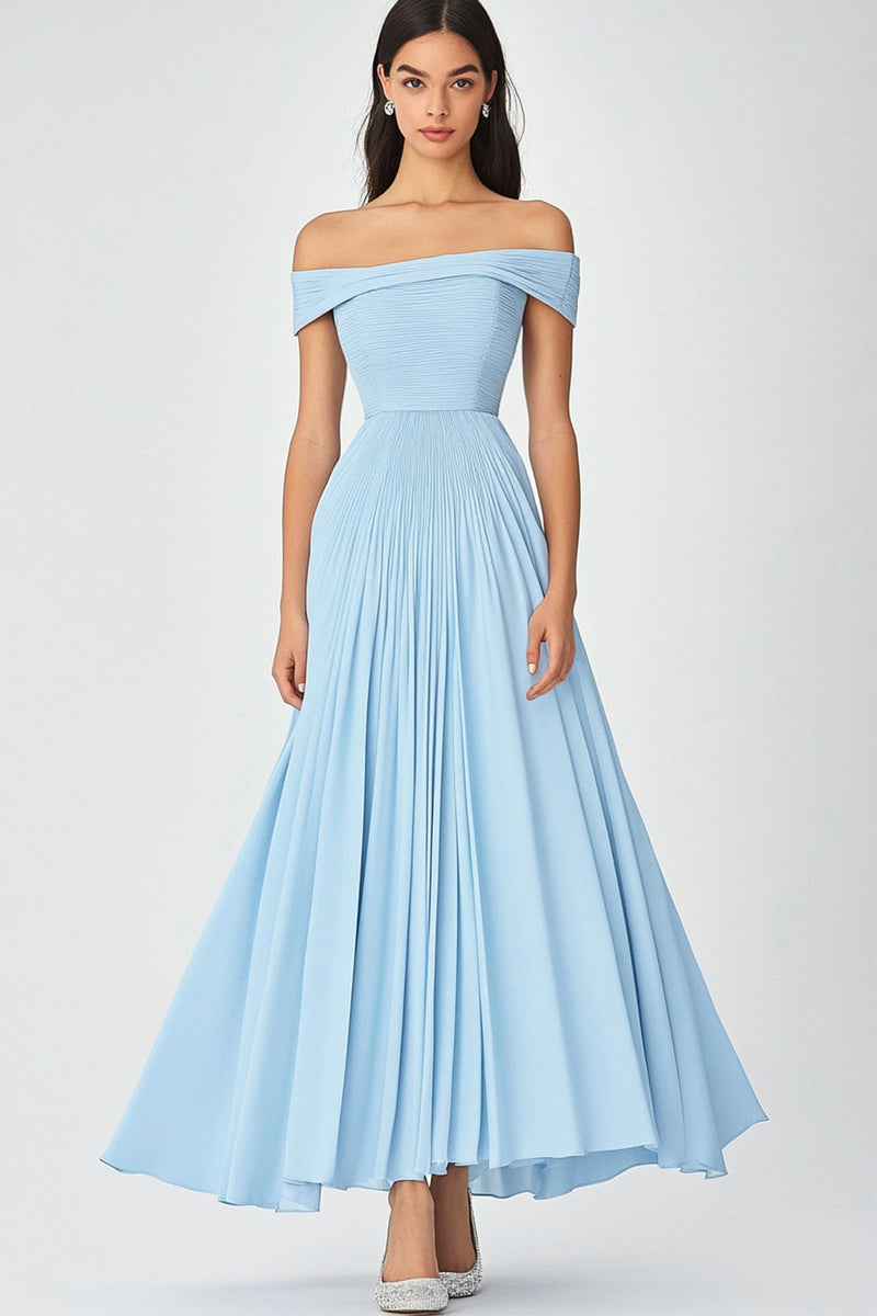 Load image into Gallery viewer, Sky Blue Off the Shoulder A Line Ruched Formal Dress