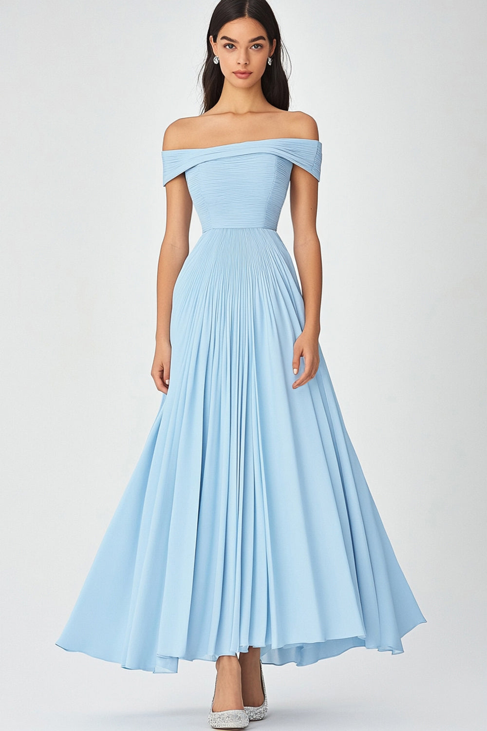 Sky Blue Off the Shoulder A Line Ruched Formal Dress