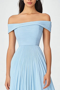 Sky Blue Off the Shoulder A Line Ruched Formal Dress