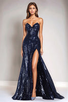 Load image into Gallery viewer, Sparkly Navy Sequin Sweetheart A-Line Formal Dress with Slit