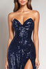 Load image into Gallery viewer, Sparkly Navy Sequin Sweetheart A-Line Formal Dress with Slit