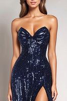 Load image into Gallery viewer, Sparkly Navy Sequin Sweetheart A-Line Formal Dress with Slit