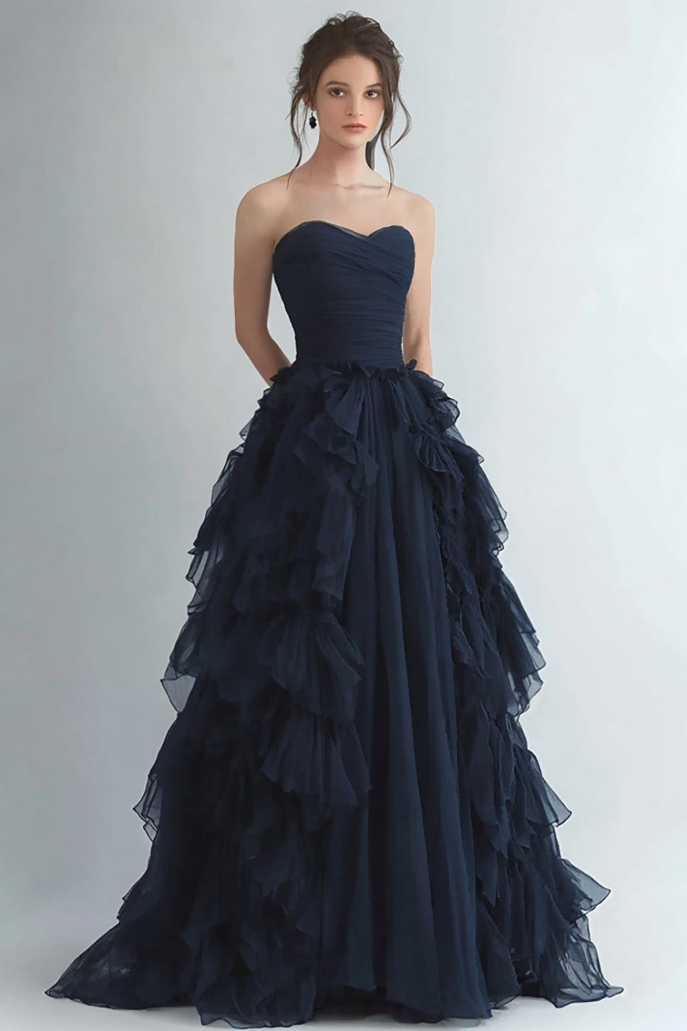 Navy Tiered Sweetheart A Line Long Formal Dress