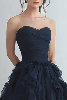 Navy Tiered Sweetheart A Line Long Formal Dress