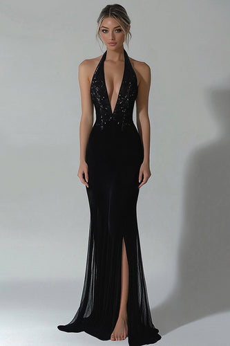 Zapaka Women Black Halter Mermaid Formal Dress with Slit V-Neck Chiffon Evening Gala Dress with Sequins