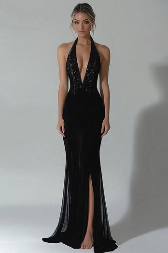 Zapaka Women Black Halter Mermaid Formal Dress with Slit V-Neck Chiffon Evening Gala Dress with Sequins