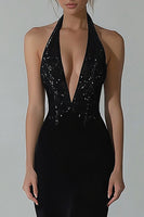 Load image into Gallery viewer, Black Halter Neck Mermaid Formal Dress with Slit