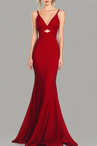 Red Spaghetti Straps Satin Mermaid Long Formal Dress
