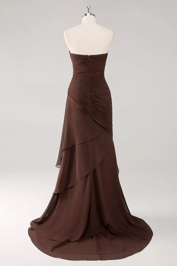 Dark Brown Sweetheart Ruched Ruffled A-Line Formal Dress