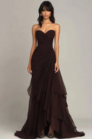 Load image into Gallery viewer, ZAPAKA Women Dark Brown Sweetheart Ruffled Formal Dress Ruched Strapless Mermaid Evening Dress