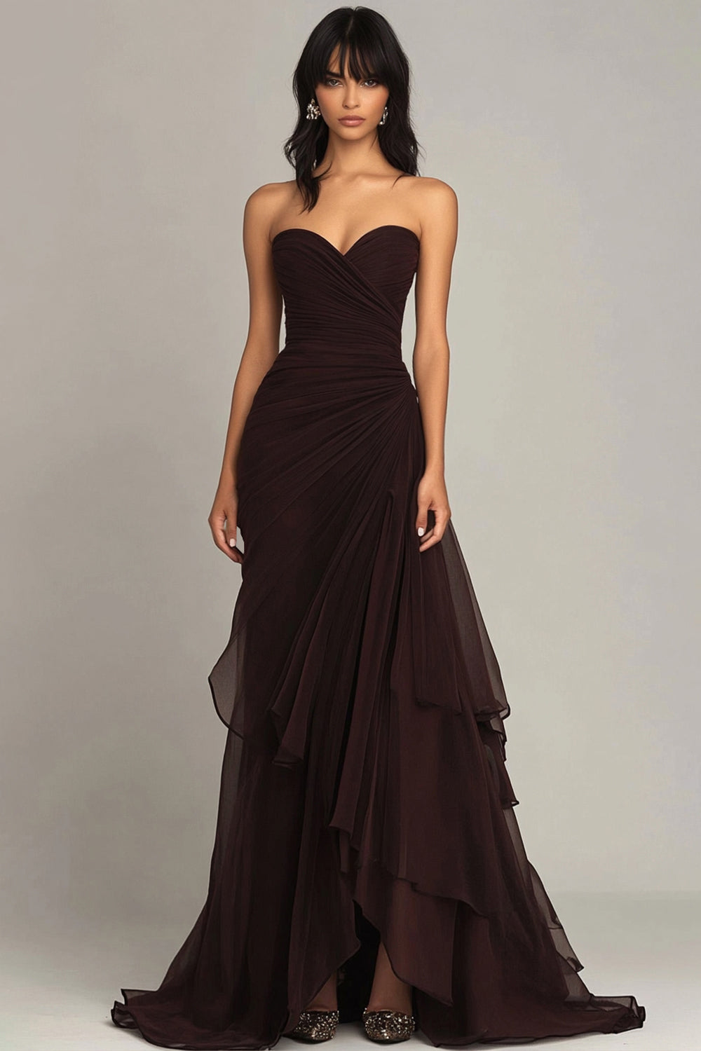 ZAPAKA Women Dark Brown Sweetheart Ruffled Formal Dress Ruched Strapless Mermaid Evening Dress