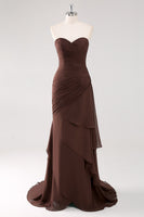 Load image into Gallery viewer, Dark Brown Sweetheart Sheath Tiered Long Chiffon Formal Dress