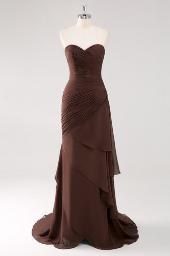 Dark Brown Sweetheart Sheath Tiered Long Chiffon Formal Dress