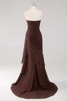 Dark Brown Sweetheart Sheath Tiered Long Chiffon Formal Dress